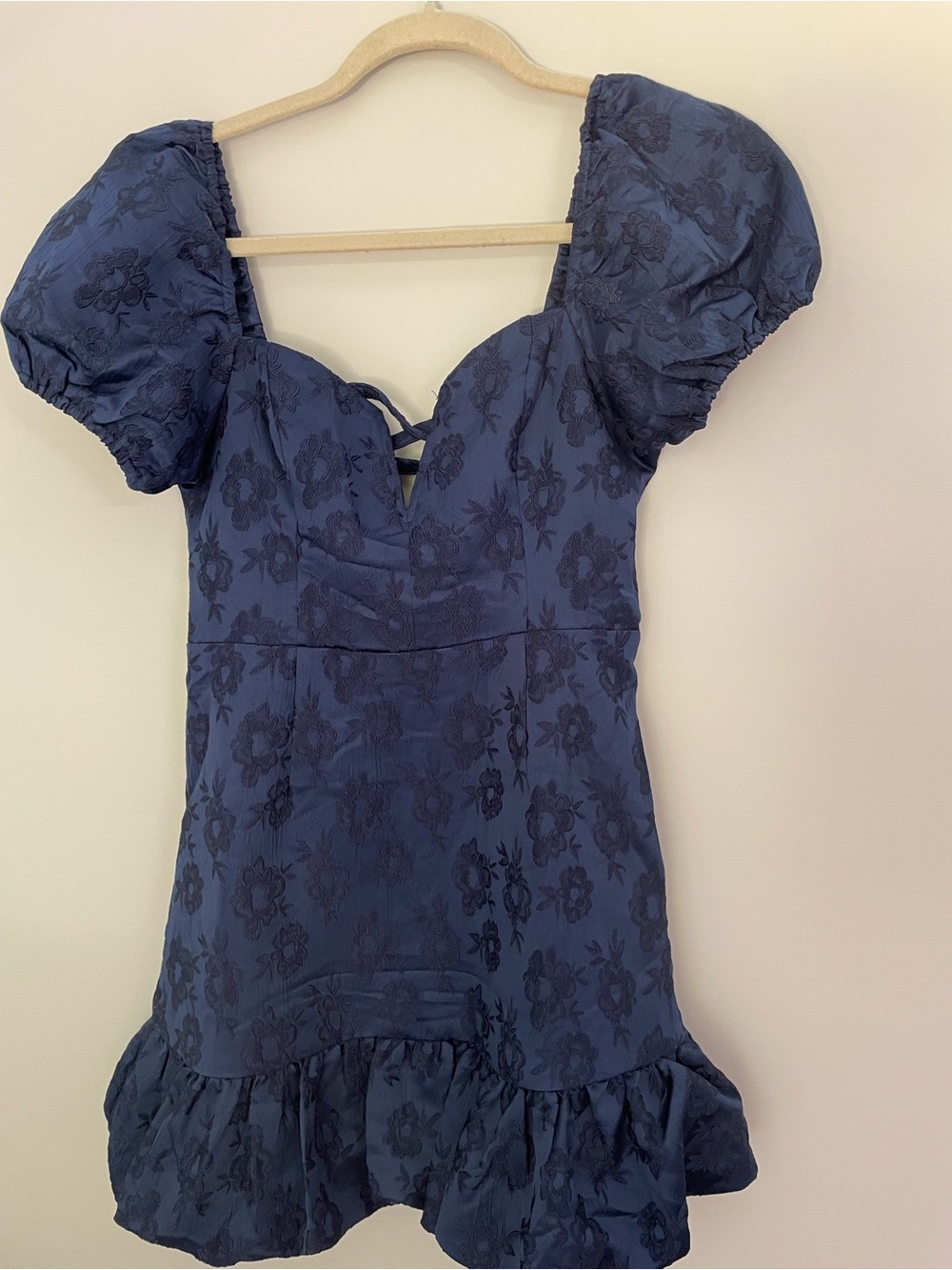 Lulu’s NWT 
Exceedingly Delightful Navy Blue Jacquard Puff Sleeve Mini Dress
